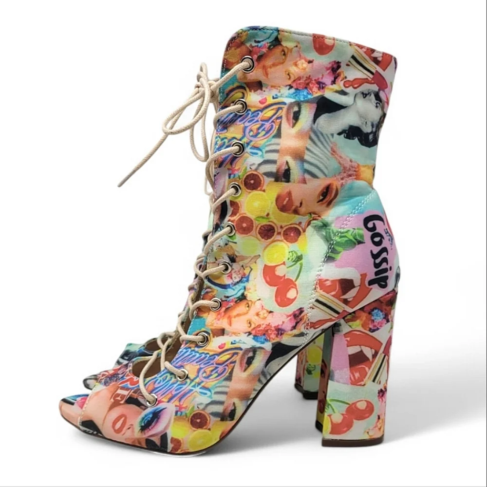 Chase + Chloe Emelia Graffiti Open Toe Lace Up Ankle Boot Heels